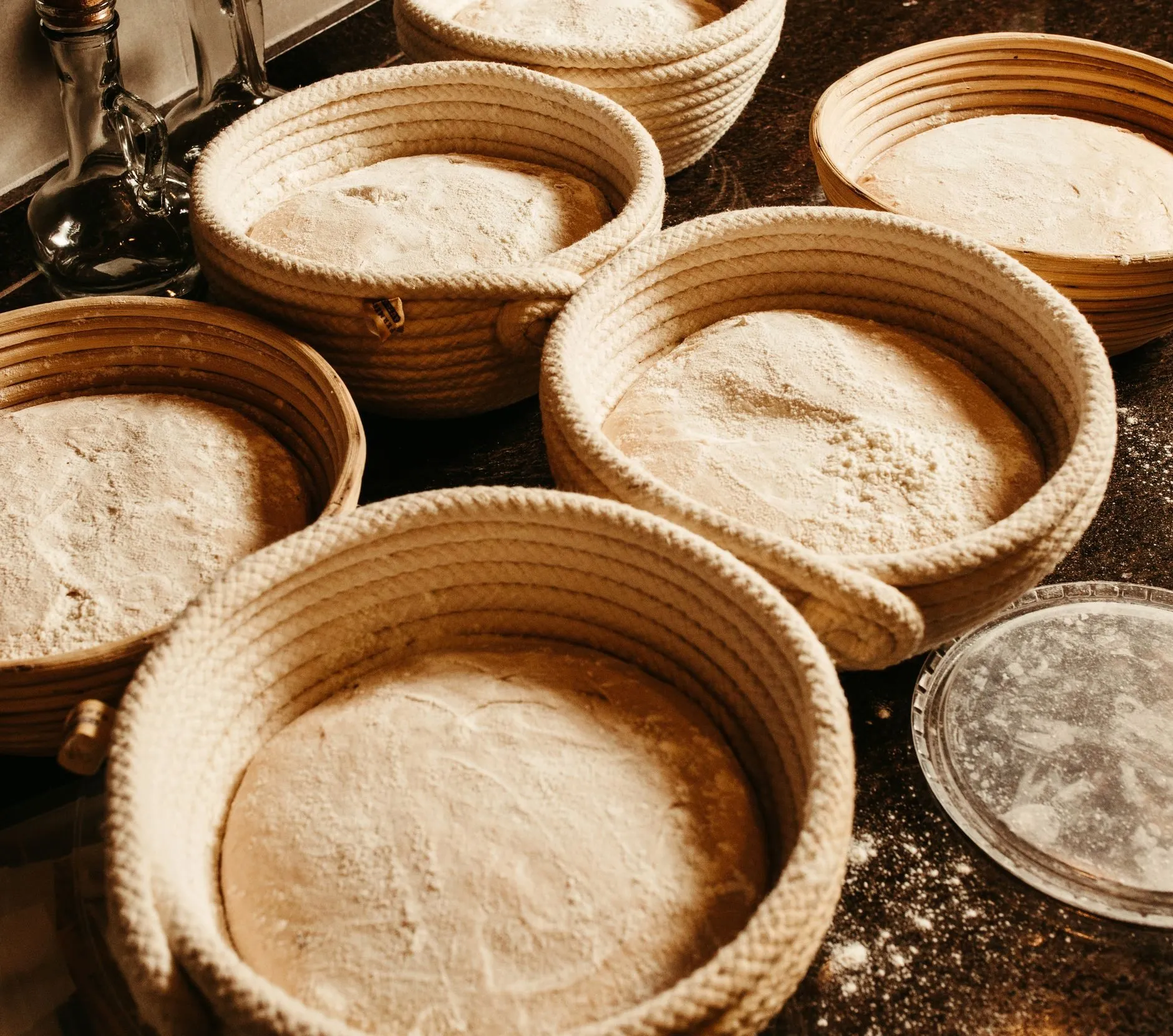 Mixed in the afternoon, folded by hand, then 18 to 24 hours in the cold room in cane baskets.